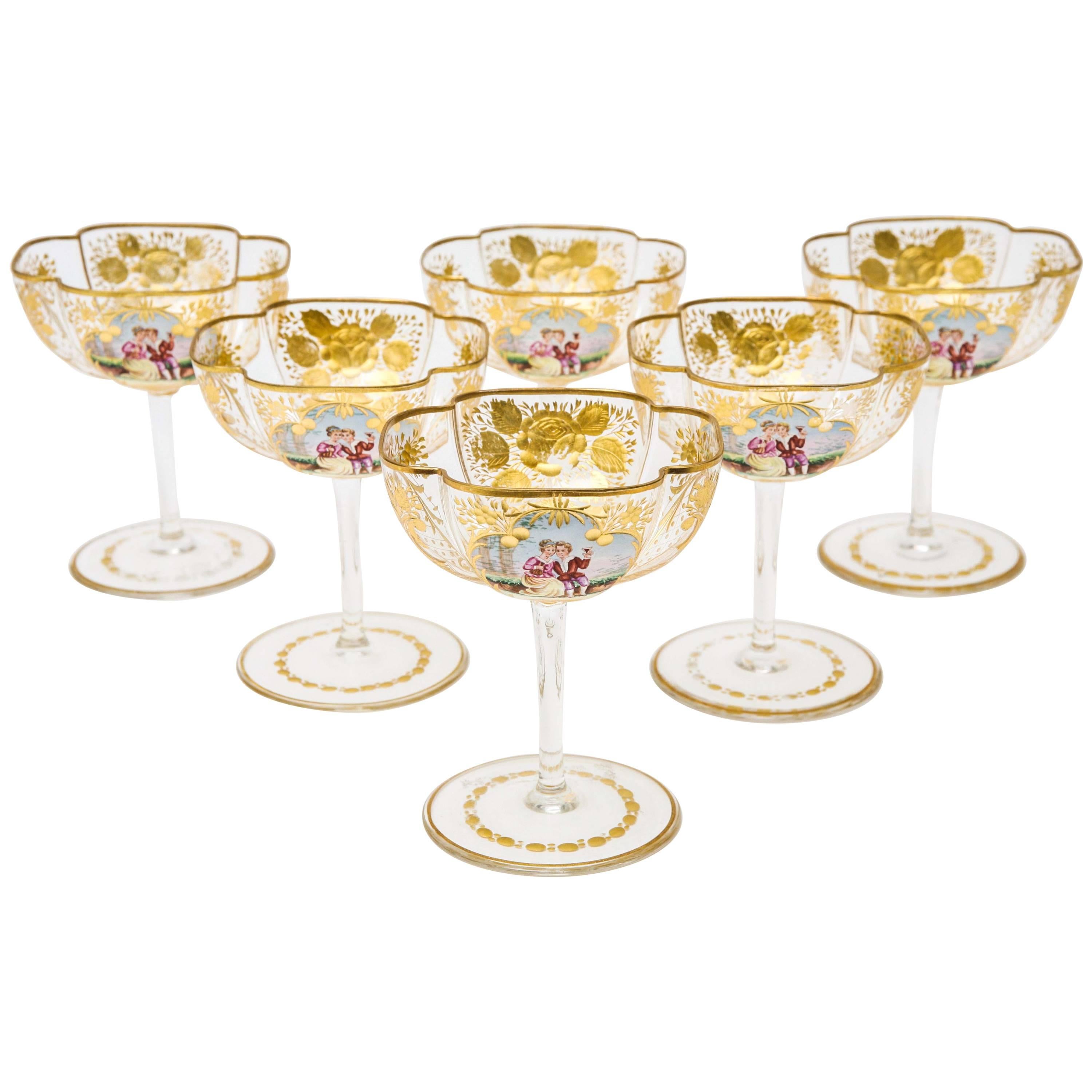 Set of Six Antique Champagne Coupes, Quatrefoil Shaped, Wheel Cut and Gilded