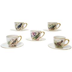 Six Charming Hand-Painted Song Bird Cup and Saucers, Vintage Lenox