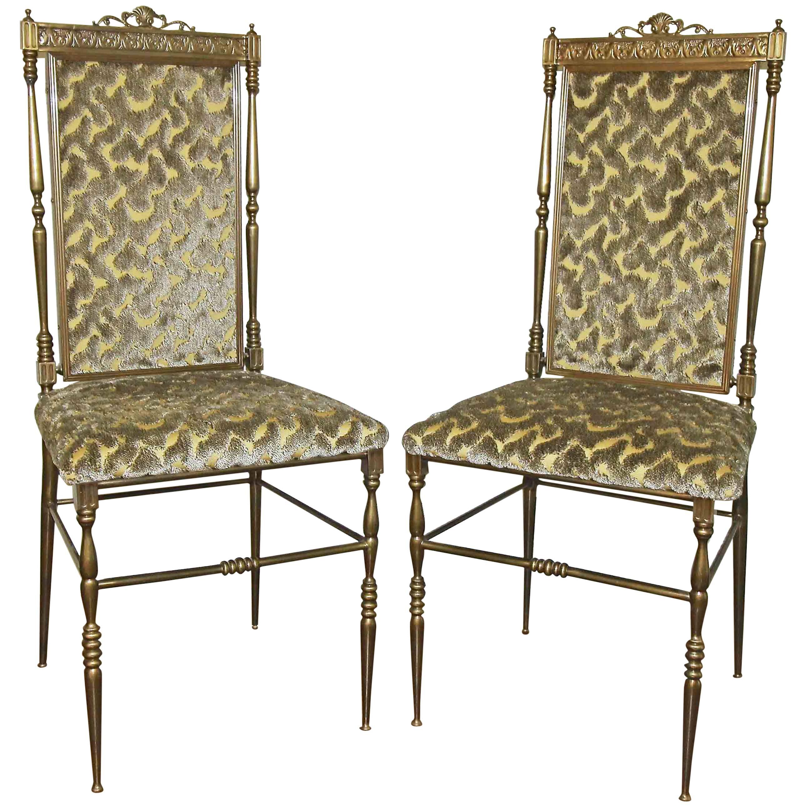 Pair of Chiavari Italian Neoclassic Brass Side Chairs For Sale