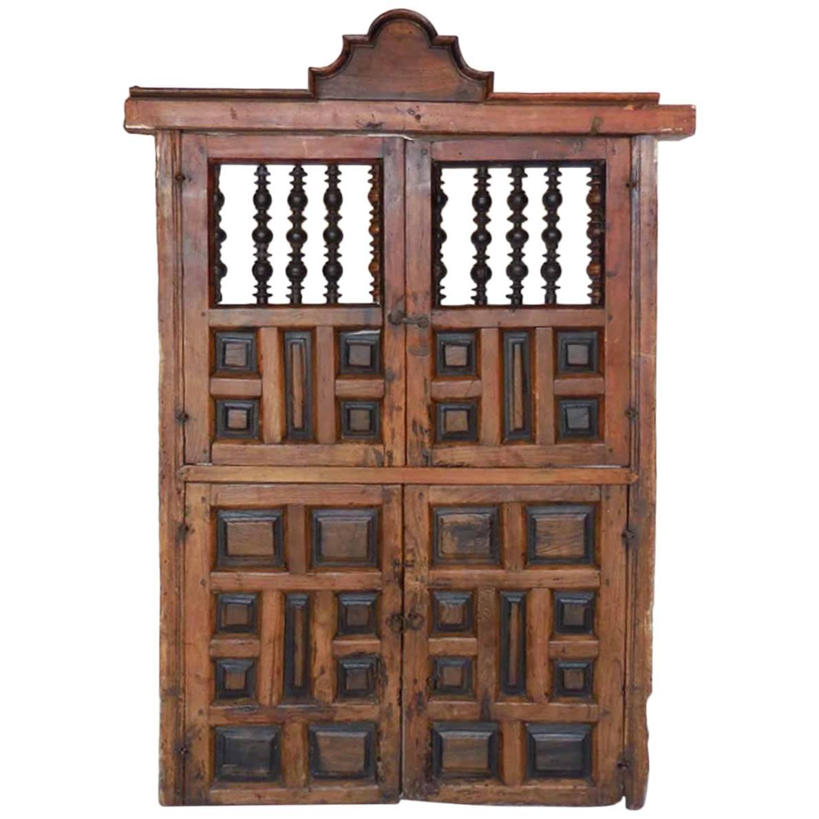 18th Century Wooden Window Shutters with Panels and Turned Wood