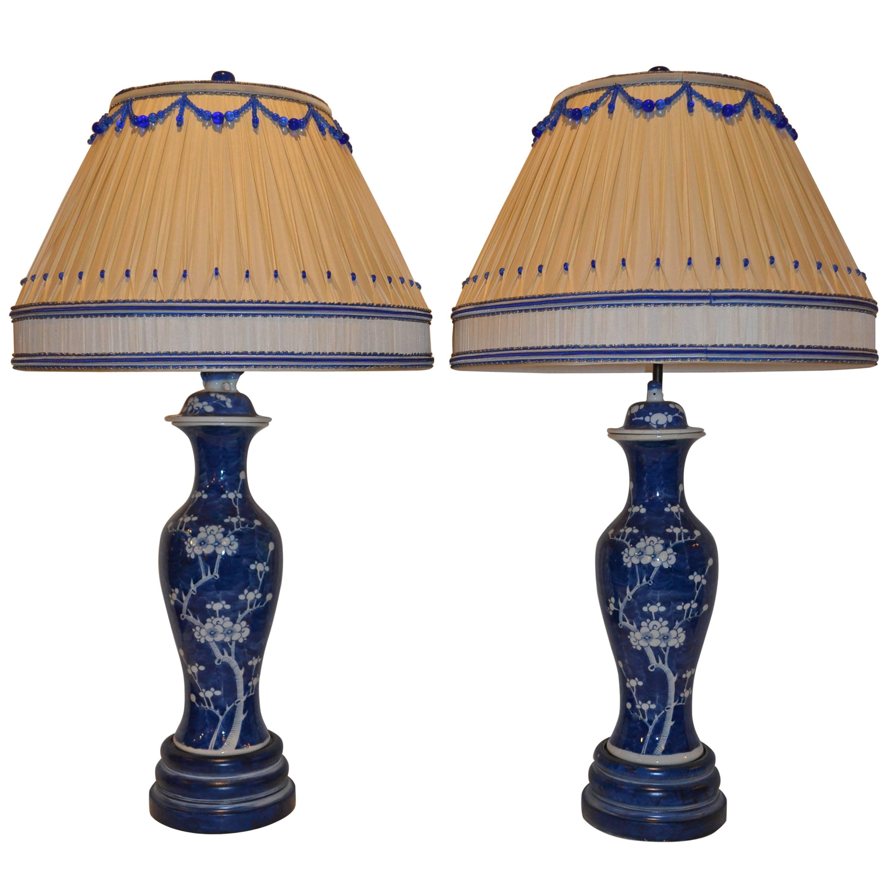 Pair of Blue and White Lamps with Dressmaker Shades