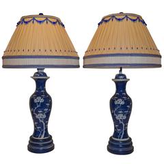 Antique Pair of Blue and White Lamps with Dressmaker Shades