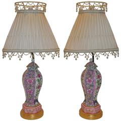 Pair of Small Chinese Lidded Vases Converted to Lamps with Custom Shades