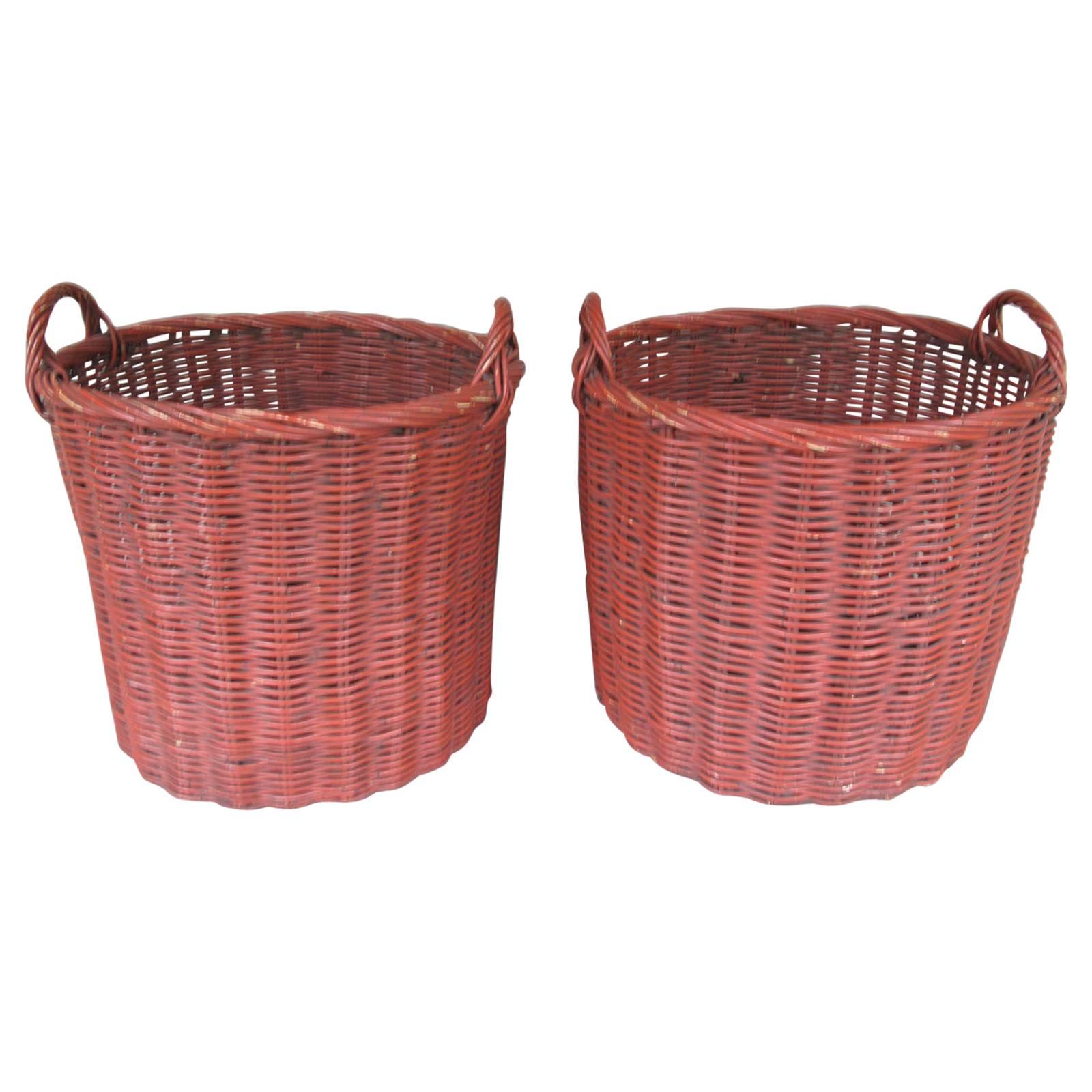 Pair of Large Woven Baskets in Red Paint
