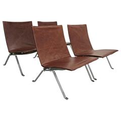 Set of Four Vintage Leather and Steel Slipper Sling Lounge Chairs