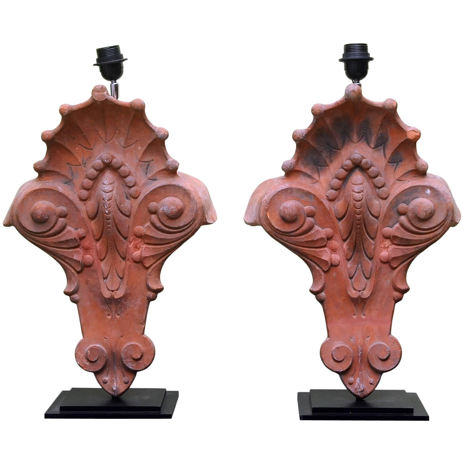 Early 20th Century Pair of Lamp Terra Cotta Ridge Tiles Mounted on Platinum For Sale