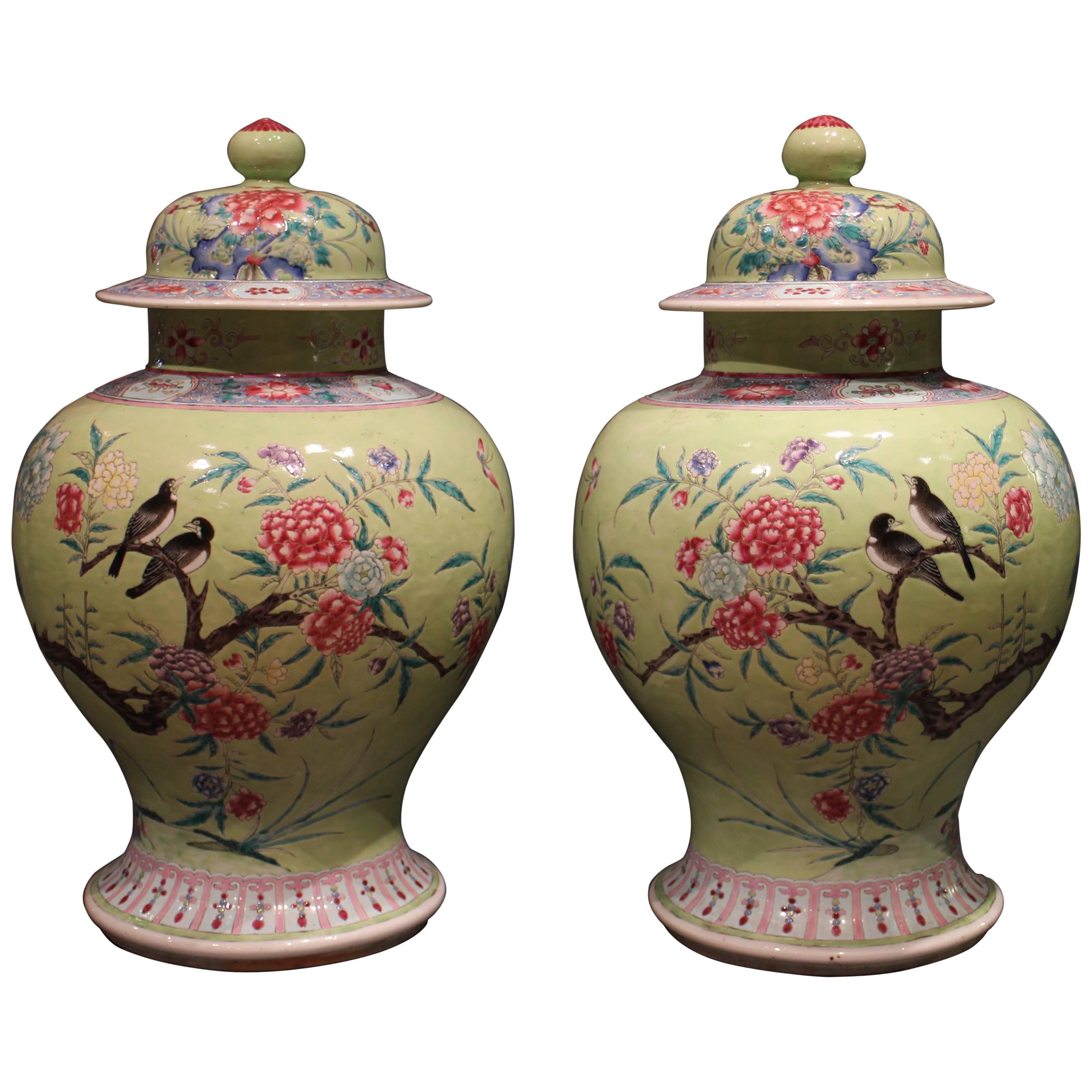 Pair of Bright Green Antique Chinese Vases Decorated with Flowers and Birds For Sale