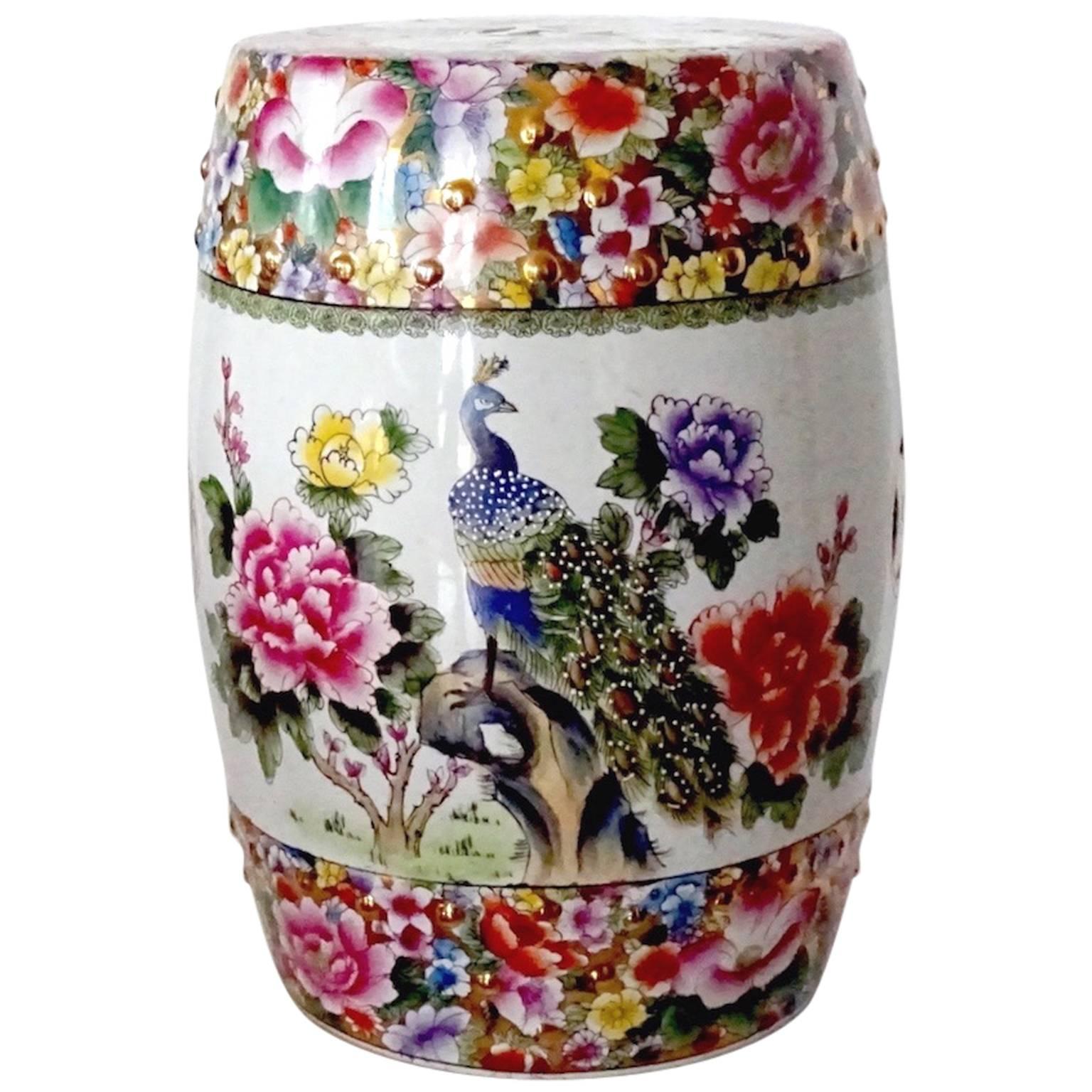Colorful Chinese Porcelain Garden Seat with Peacock