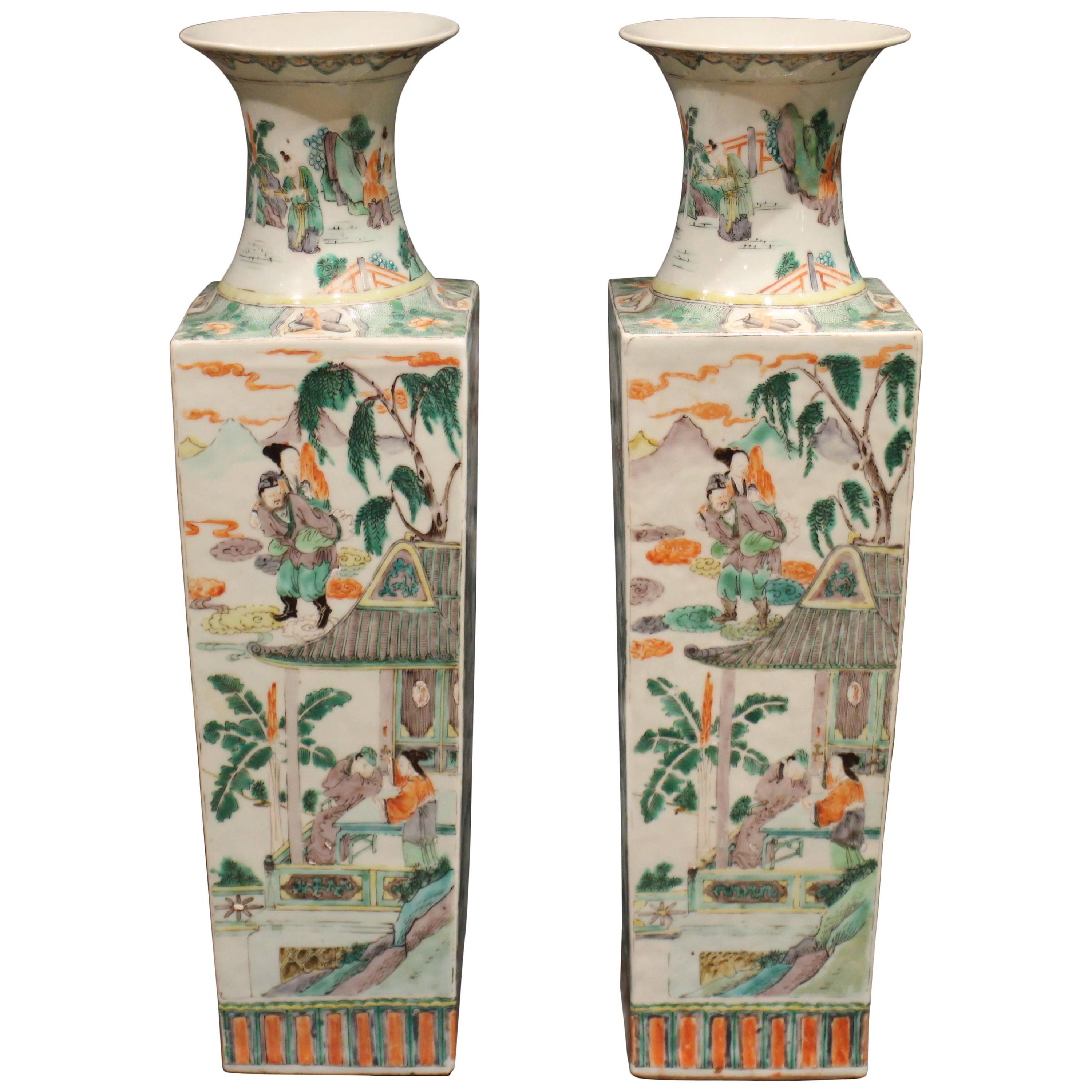 Pair of Antique Square Shaped Chinese Famille Verte Green Vases For Sale
