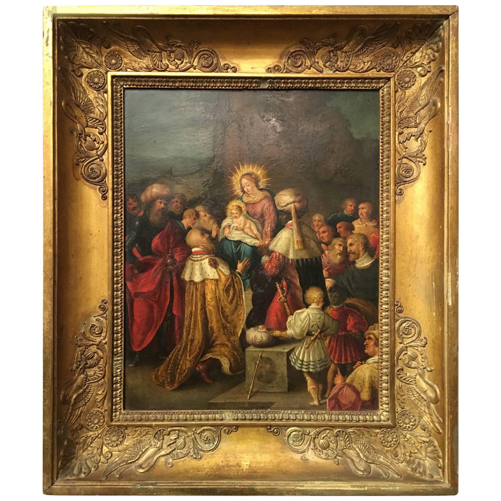 Adoration of the Three  Wise Men Represented as Kings, Oil on Copper, Flanders