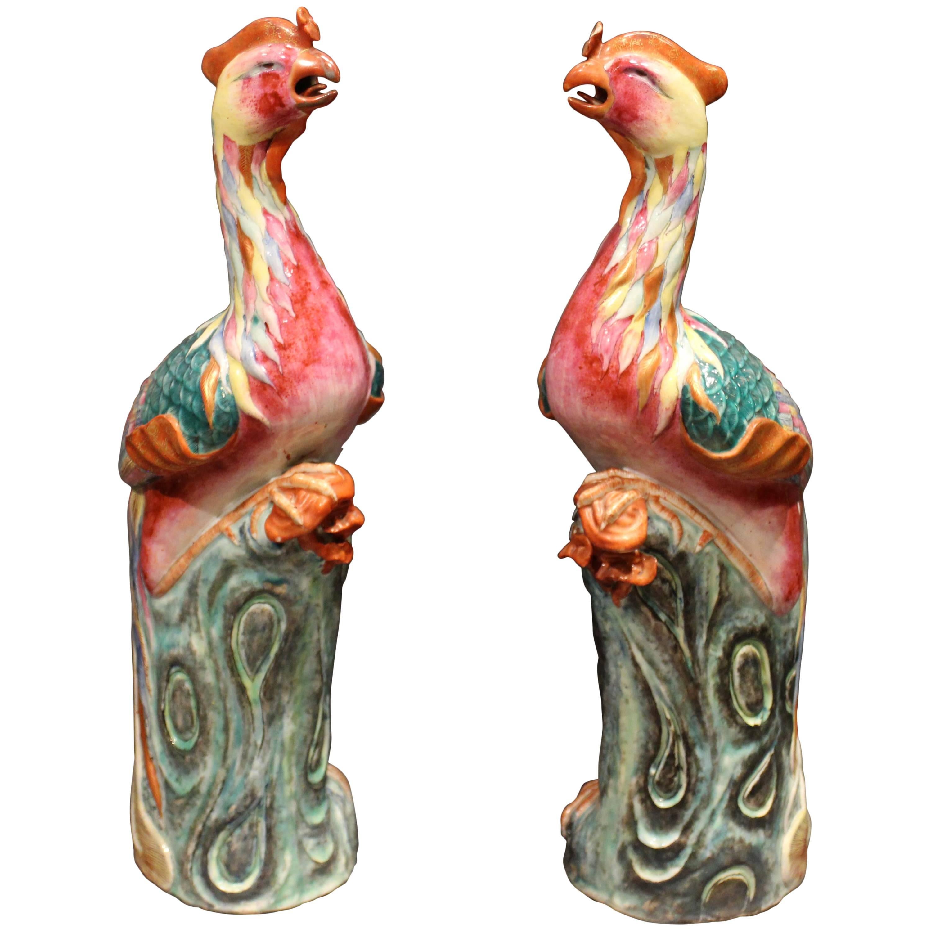 Pair of Unusual Antique Chinese Famille Rose Pink Porcelain Phoenixes For Sale