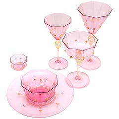 Vintage Salviati Venetian Complete Table Service for 12 Handblown Pink and Gold Goblets