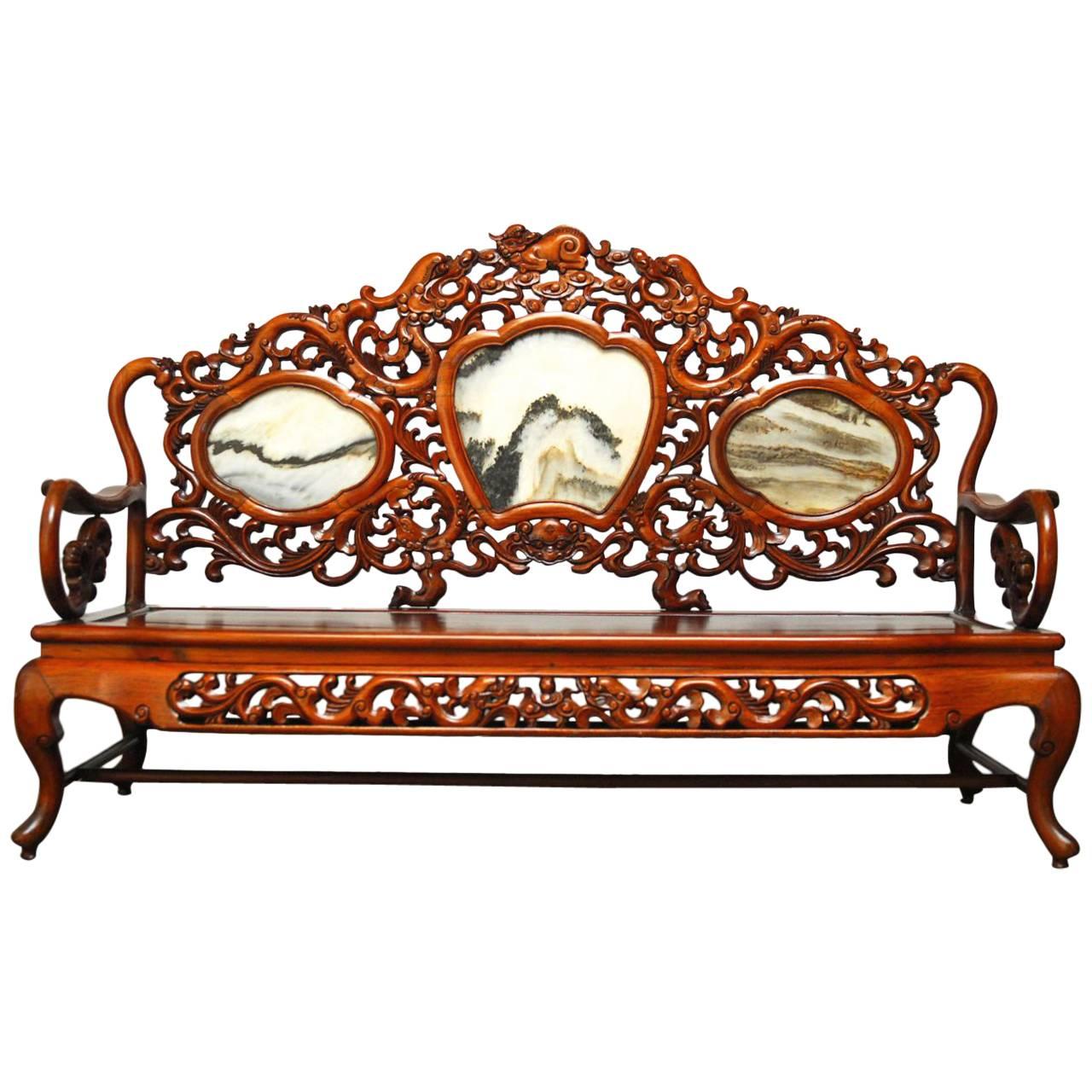 Chinese Rosewood and Marble Dali Carved Sofa Bench