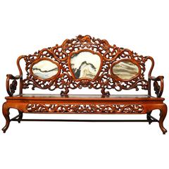 Chinese Rosewood and Marble Dali Carved Sofa Bench