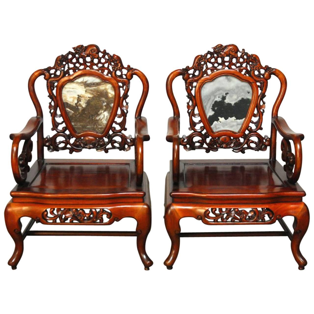 Pair of Chinese Rosewood and Marble Dali Carved Armchairs