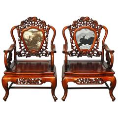 Pair of Chinese Rosewood and Marble Dali Carved Armchairs