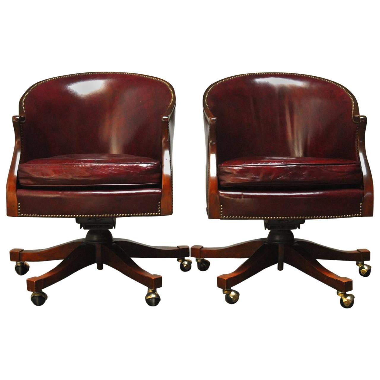 Pair of Baker Leather Barrel Back Office Chairs at 1stdibs