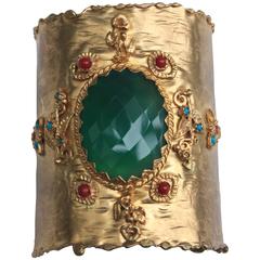 Unique Gold-Plated Cuff with Central Green Agate from Afghanistan