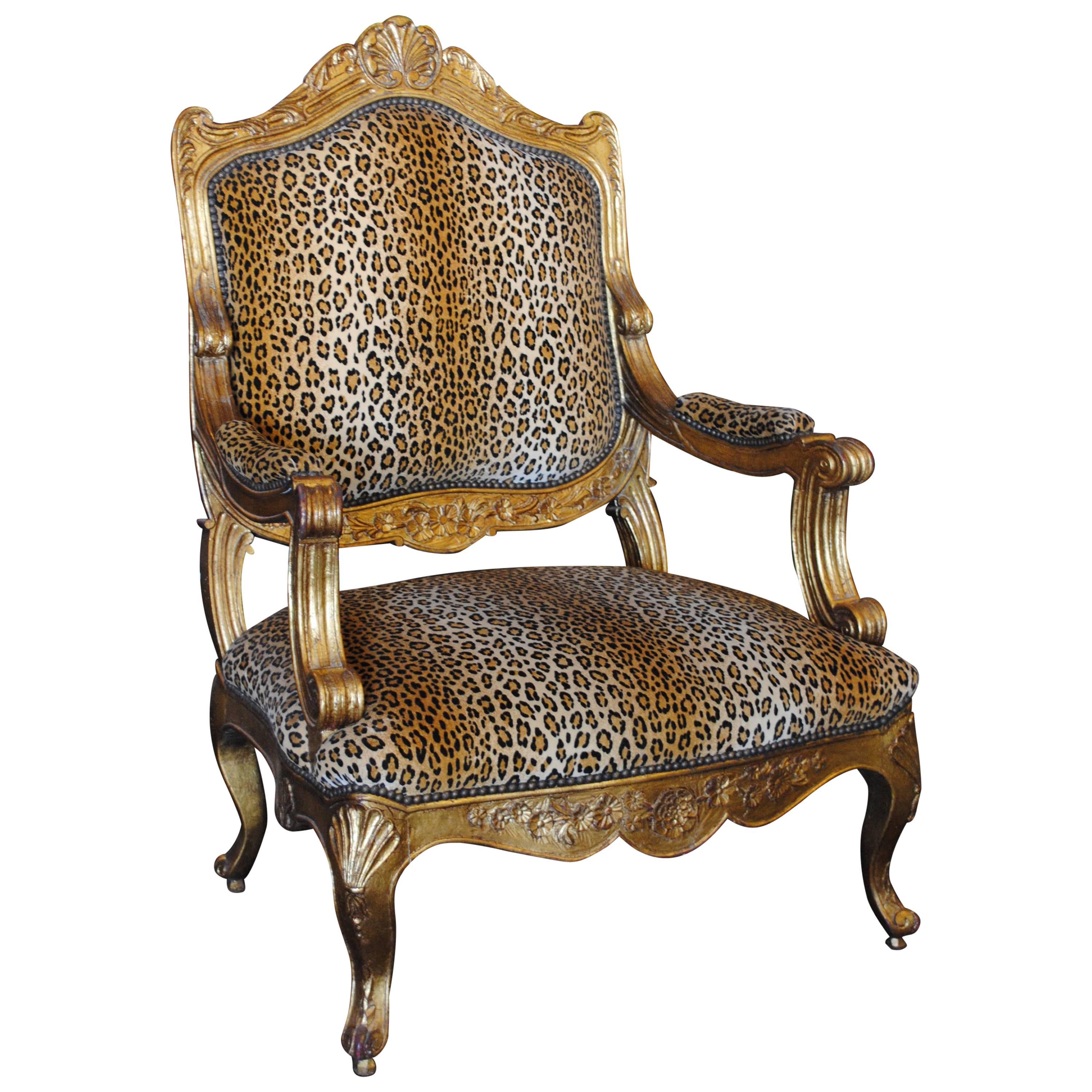 Louis XV Style Giltwood Armchair in Leopard Print For Sale