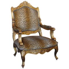 Louis XV Style Giltwood Armchair in Leopard Print