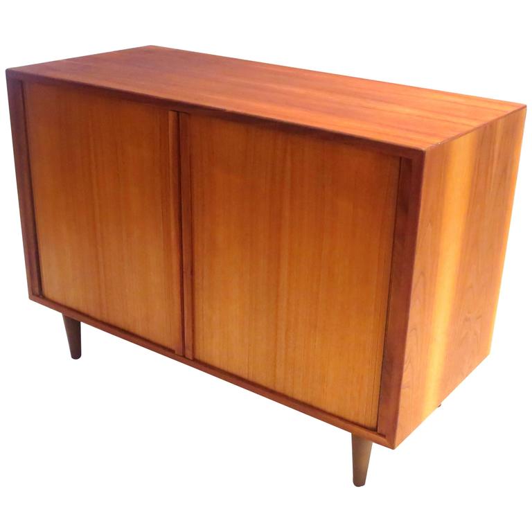 Danish Modern Tambour Door Small Record Media Cabinet Credenza At