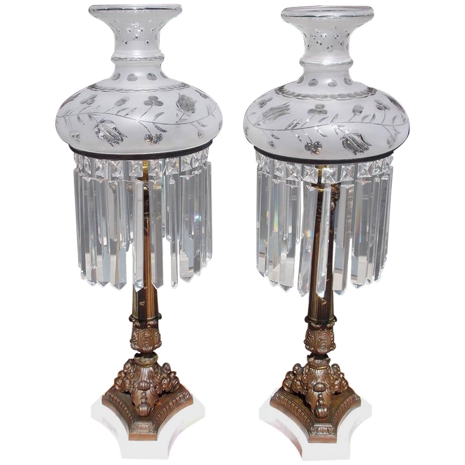 Pair of American Bronze 
Marble Crystal Sinumbra Lamps, Circa 1820