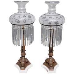 Antique Pair of American Bronze & Marble Crystal Sinumbra Lamps, Circa 1820