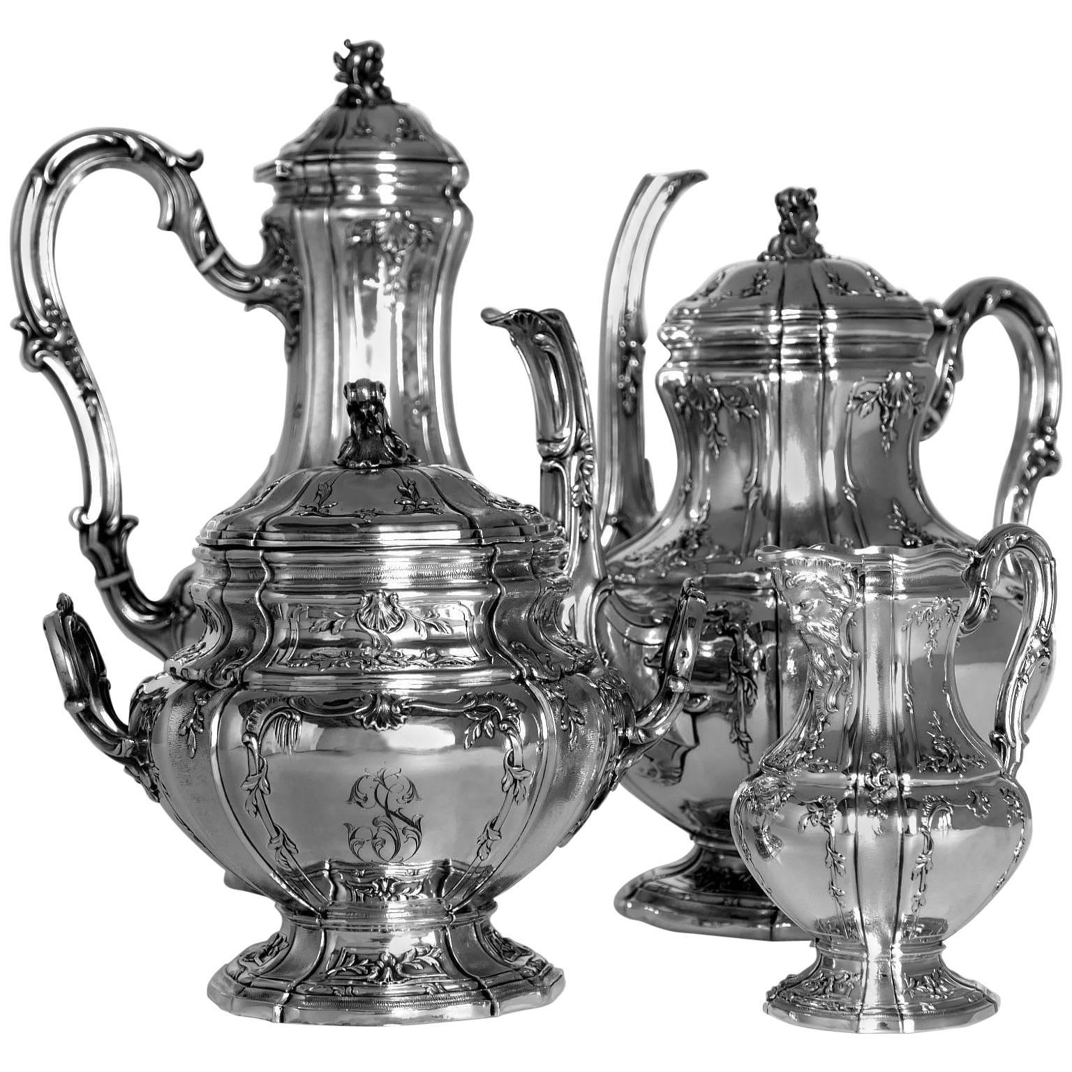 Boivin French Sterling Silver Gold 18-Karat Tea Coffee Set of Four-Piece Bacchus For Sale