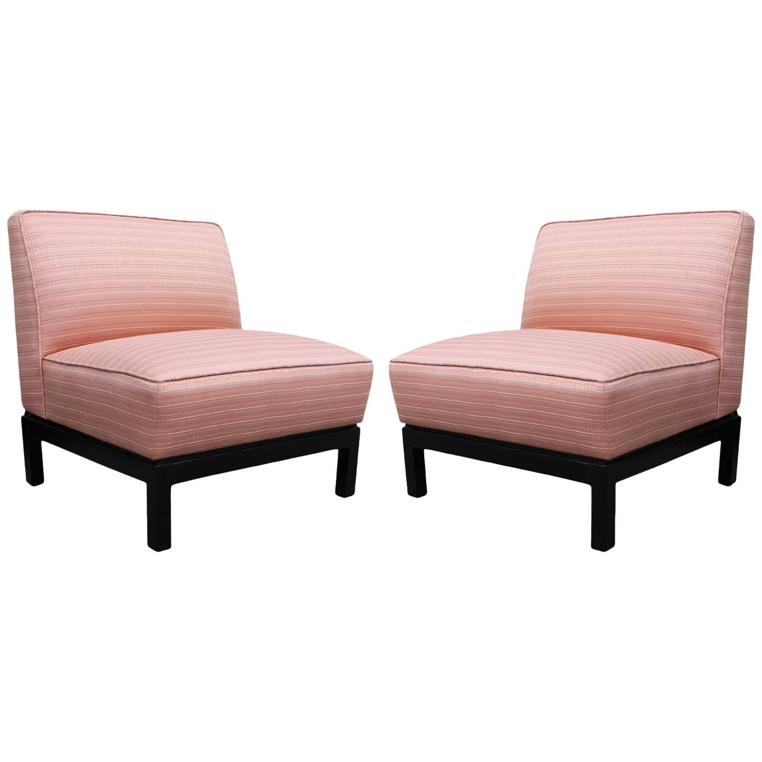 Pair of Clean Lined Modern Slipper Chairs in Light Pink with Deep Walnut Bases