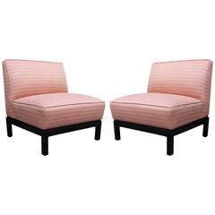 Pair of Clean Lined Modern Slipper Chairs in Light Pink with Deep Walnut Bases