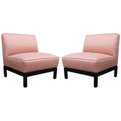 Pair of Clean Lined Modern Slipper Chairs in Light Pink with Deep Walnut Bases