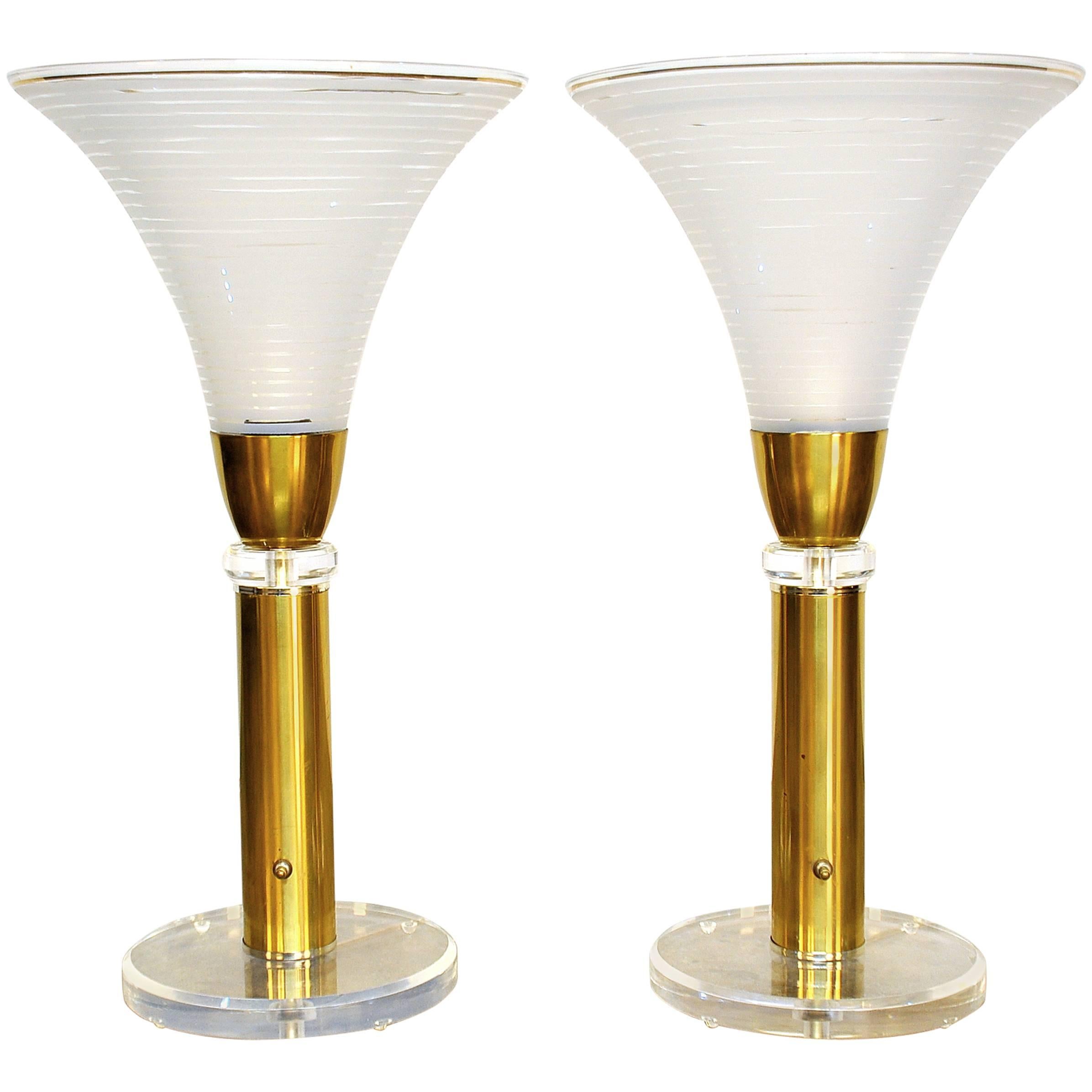 Large Pair of Karl Springer Brass, Lucite and Murano Glass Torchiere Lamps