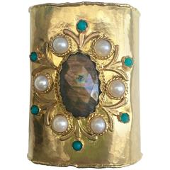 Unique Gold-Plated Cuff with Labradorite, Turquoise and Pearls from Afghanistan