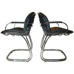 Pair Italian Chrome Leather Armchairs by Gastone Rinaldi for Rima  SATURDAY SALE