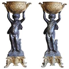 Pair of Patented Bronze Figural Planters, A. Moreau