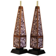 Pair of Monumental Glass Mosaic Obelisk Lamps