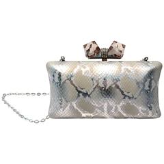 Judith Leiber Silver Python Print Leather Evening Bag