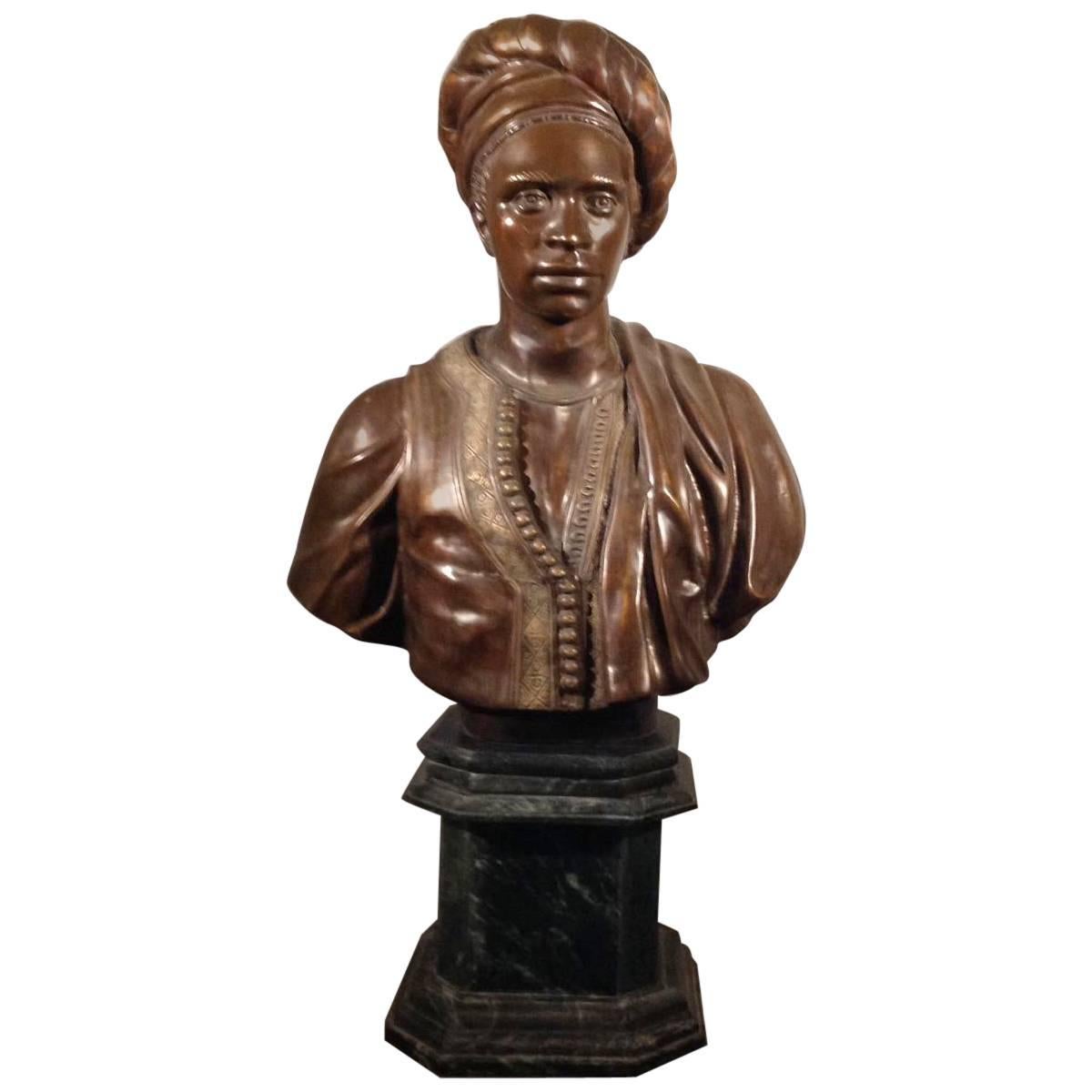 Large Orientalist Bust in Bronze with Green Marble Base, Mid-20th Century For Sale