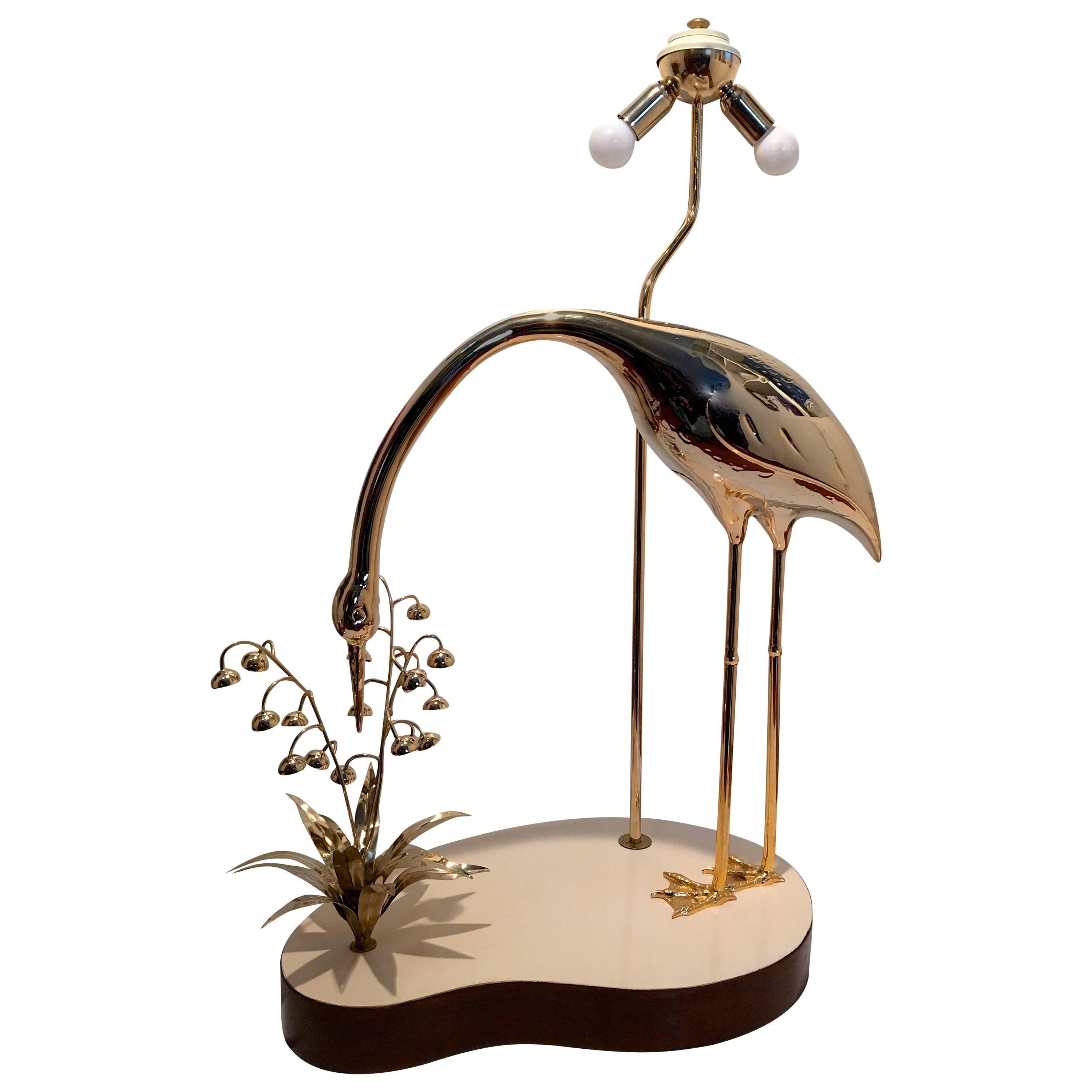 Floor Lamp with a Brass Sculpture of a Heron and Flowers