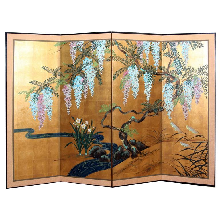 Hand-Painted Japanese Folding Screen Byobu Floral Painting -8212