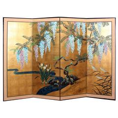 Hand-Painted Japanese Folding Screen Byobu Floral Painting, Watercolor, Goldleaf