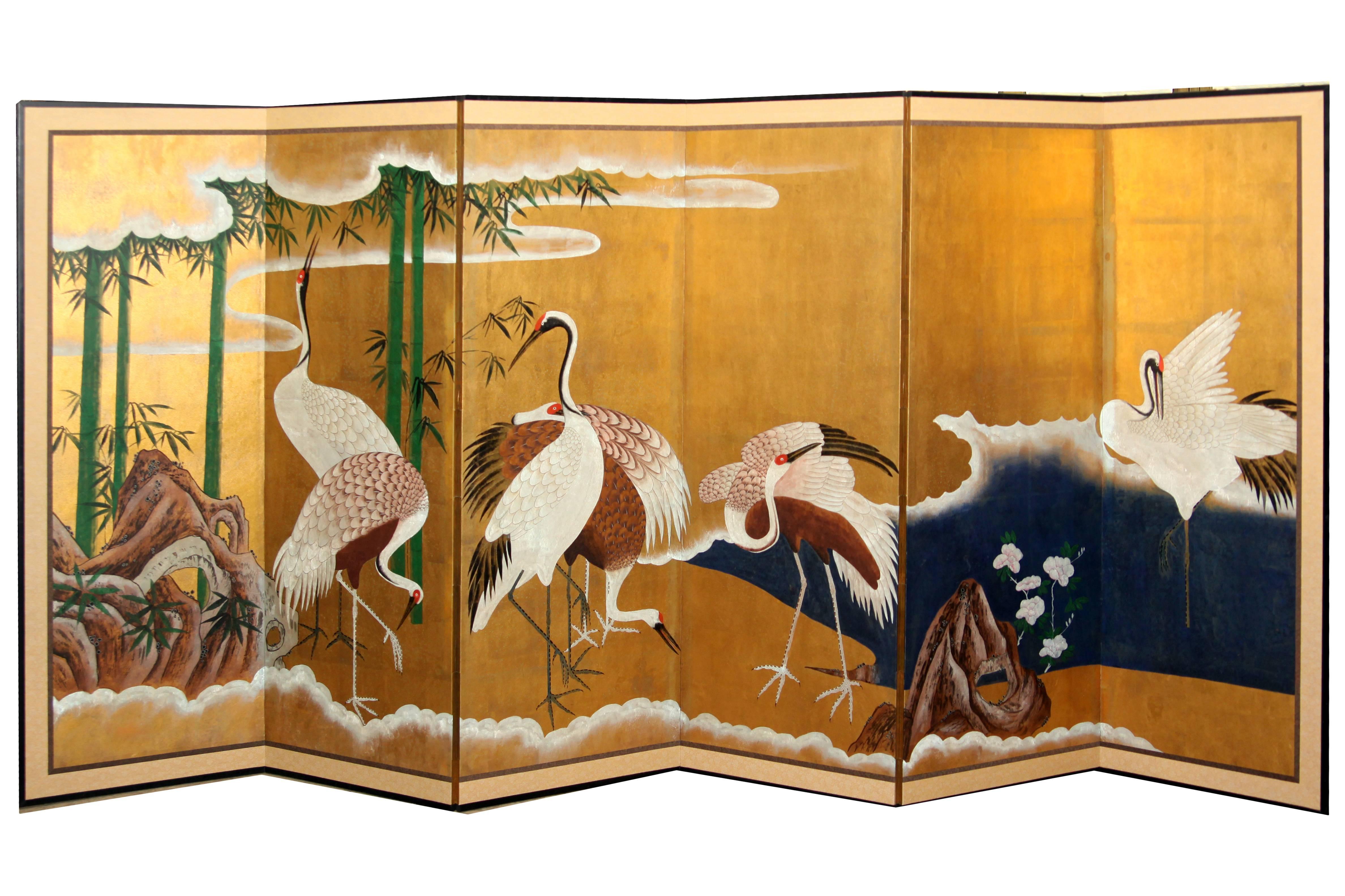 Hand-Painted Japanese Folding Screen Byobu Cranes Painting, Watercolor, Goldleaf