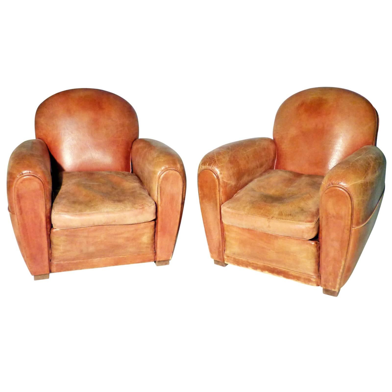 Pair of French Leather Club Chairs from 1930s