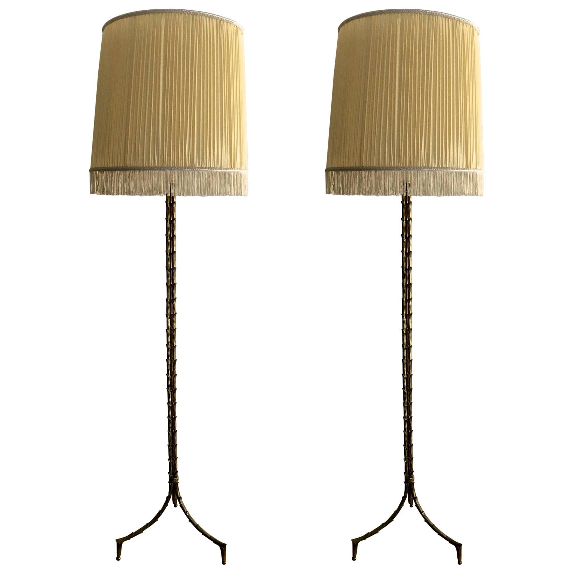 Maison Baguès Rare Pair of Refined Gold Bronze Floor Lamps, Silk Pleated Shades For Sale