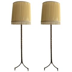 Maison Baguès Rare Pair of Refined Gold Bronze Floor Lamps, Silk Pleated Shades
