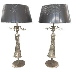 Pair of Giacometti Style Bronze Fer Forge Silverleaf Lady Lamps