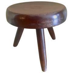 Charlotte Perriand 1950s Low Tripod Mahogany Stool in Vintage Condition