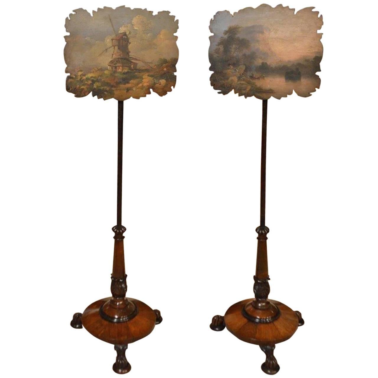 Charming Pair of Rosewood Early Victorian Period Antique Pole Screens