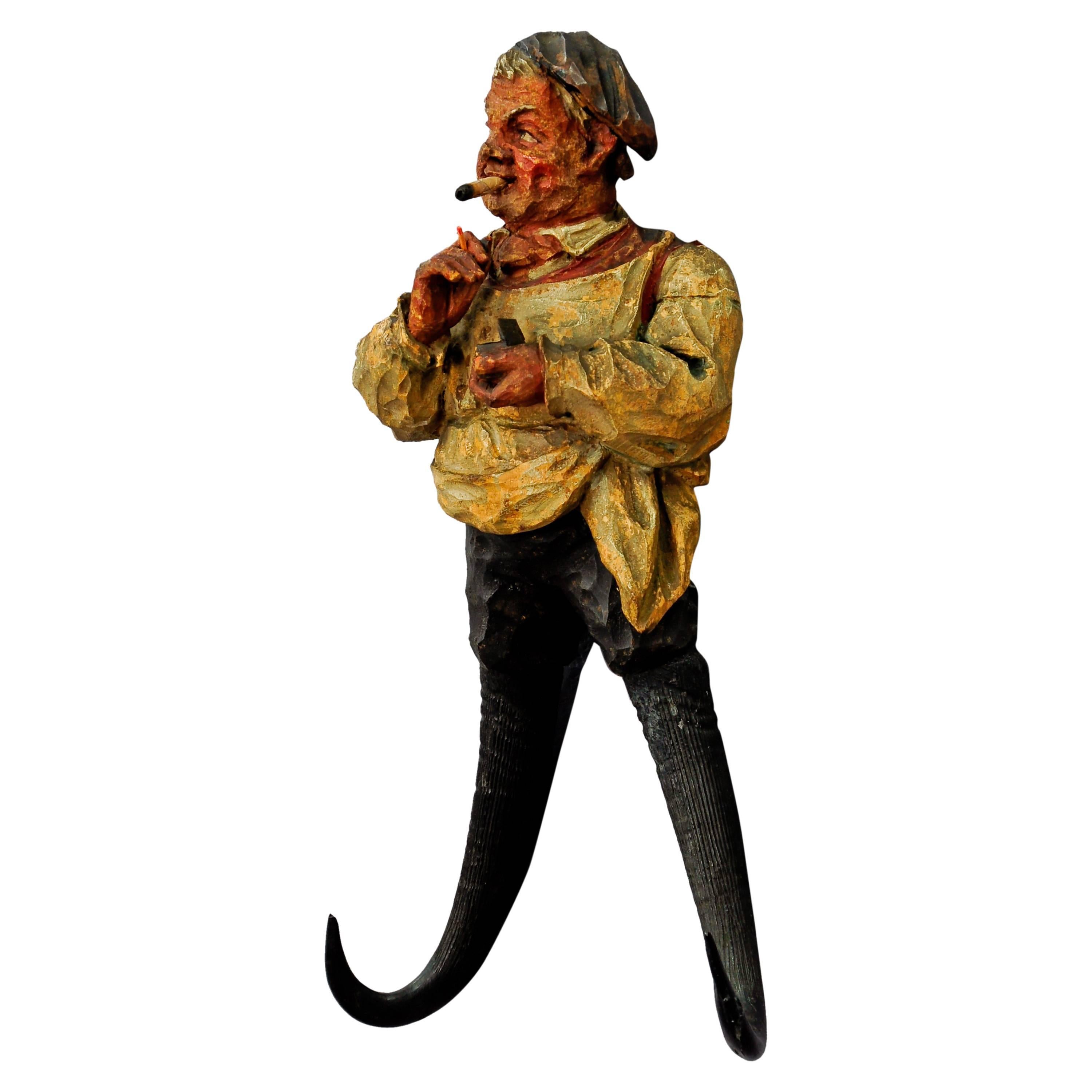 Whimsical Carved Folksy Whip Holder, Smoking Farmer, 1920