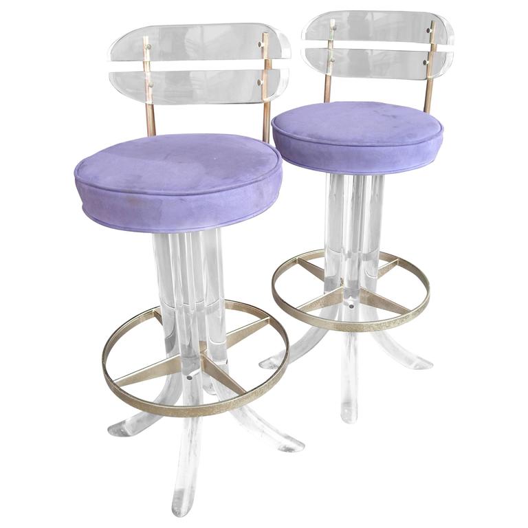 Pair of Swivel, Lucite, Metal Bar Stools Attributed to Charles Hollis